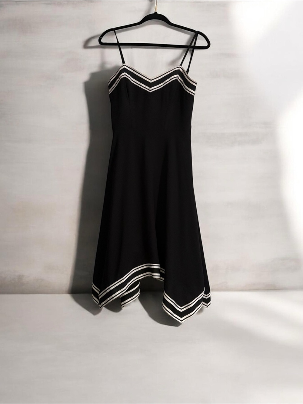 Ted Baker Black Spaghetti Strap Handkerchief Hem Dress with White Trim